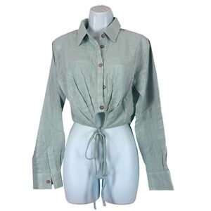 Promesa Crop Top Women Small Sea Foam Green NWT Tie Front Gauze Long Sleeve Boho